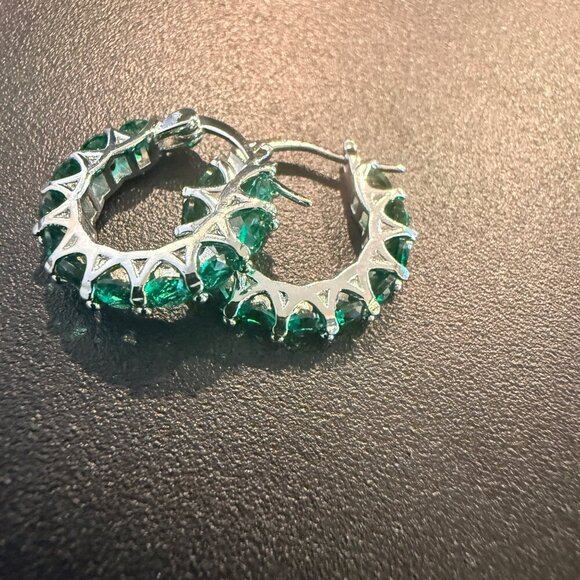 Silver Hoop Earrings With Green CZ Stones Elegant Design Fashion Jewelry - Picture 2 of 5